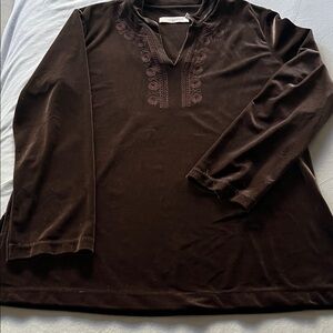 Vintage I Magnin Chic Brown Embroidered Velvet Long Sleeve  V Neck k Top Size S